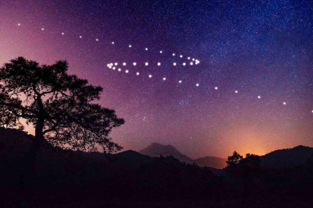 Fotografia de uma paisagem noturna com a silhueta de uma árvore e montanhas sob um céu estrelado, onde é visível um padrão de estrelas que forma o contorno de um planeta em movimento retrógrado, simbolizando o fenômeno astrológico dos planetas retrógrados.