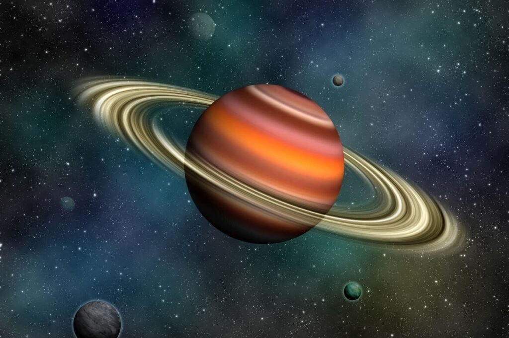 Representação artística de Saturno com seus anéis proeminentes, em tons de marrom e âmbar, contra um fundo estrelado. O planeta é acompanhado por várias luas menores e está situado em um vasto campo de estrelas, sugerindo sua localização no signeto de Peixes no espaço sideral.