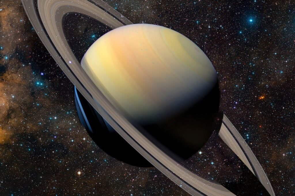 Imagem dinâmica de Saturno em primeiro plano com seus anéis distintos, iluminado contra o fundo do cosmos repleto de estrelas, nebulosas e galáxias distantes. A imagem captura a magnificência do planeta e sugere o conceito de Saturno retrógrado, um período astrológico para estrutura e disciplina.