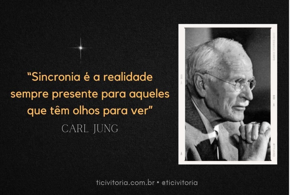 A imagem apresenta uma citação de Carl Jung sobre sincronicidade ao lado de uma foto sua em preto e branco, com texto em dourado sobre fundo escuro e um link para um site no canto inferior.