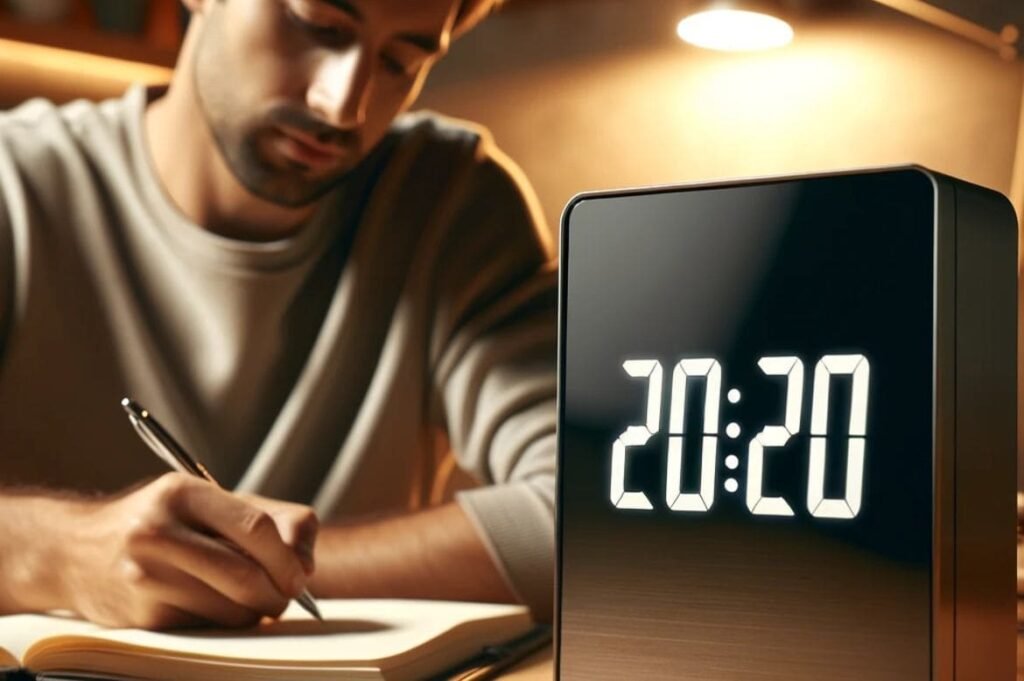 A imagem apresenta um homem focado, escrevendo em um caderno, com um relógio digital ao primeiro plano mostrando o horário "20:20". O ambiente tem iluminação quente e suave.