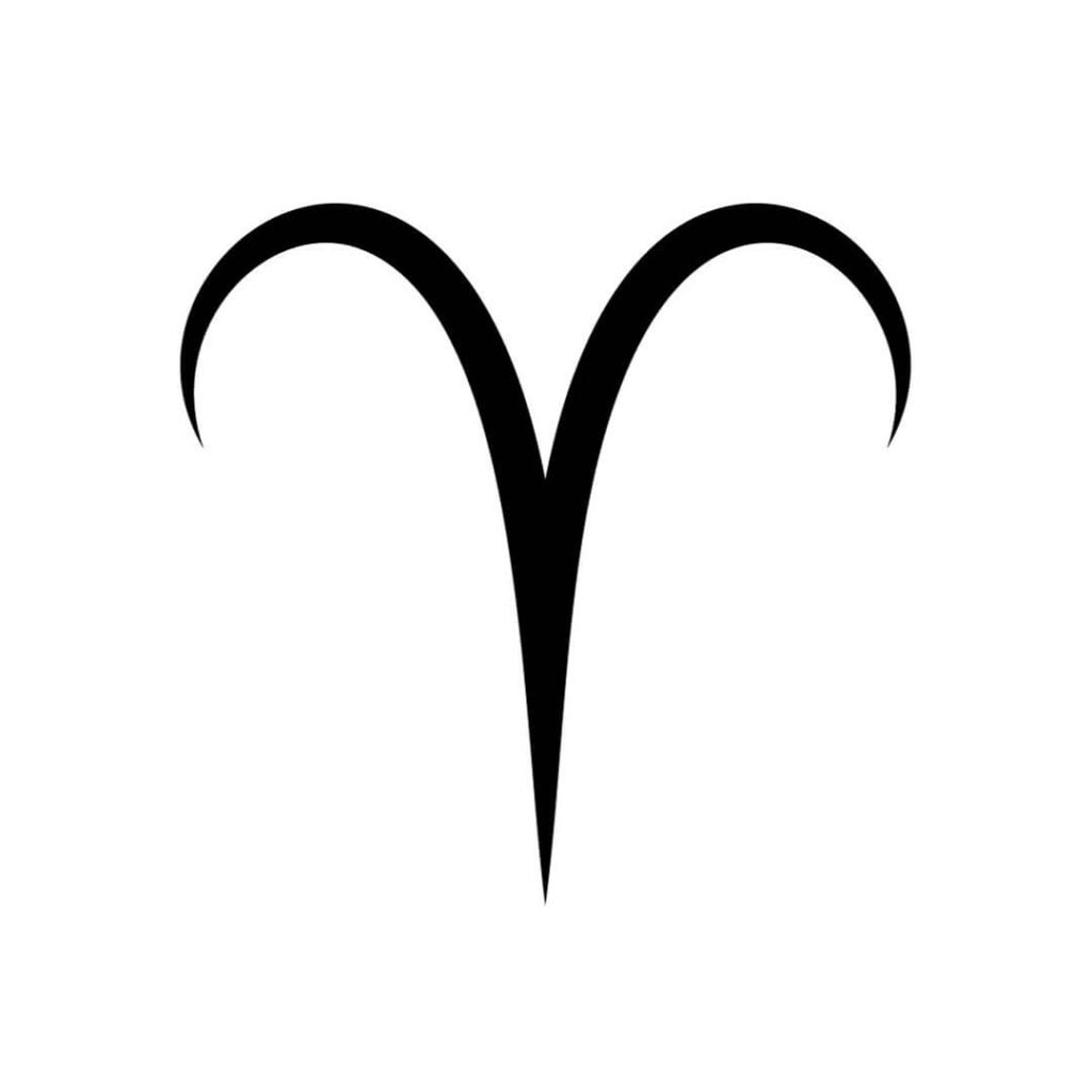 Símbolo do signo de Áries em preto, consistindo de duas linhas curvas que se encontram em um ponto, contra um fundo branco.