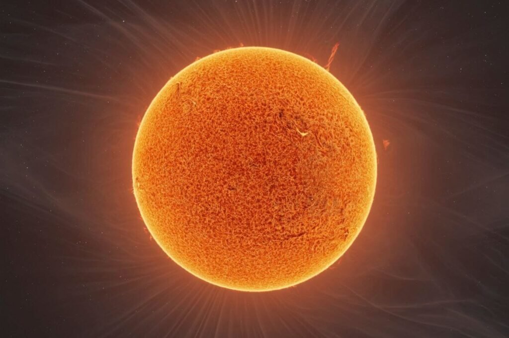 Imagem do Sol destacando sua superfície laranja com manchas e flares solares, cercado por ventos solares no espaço escuro.