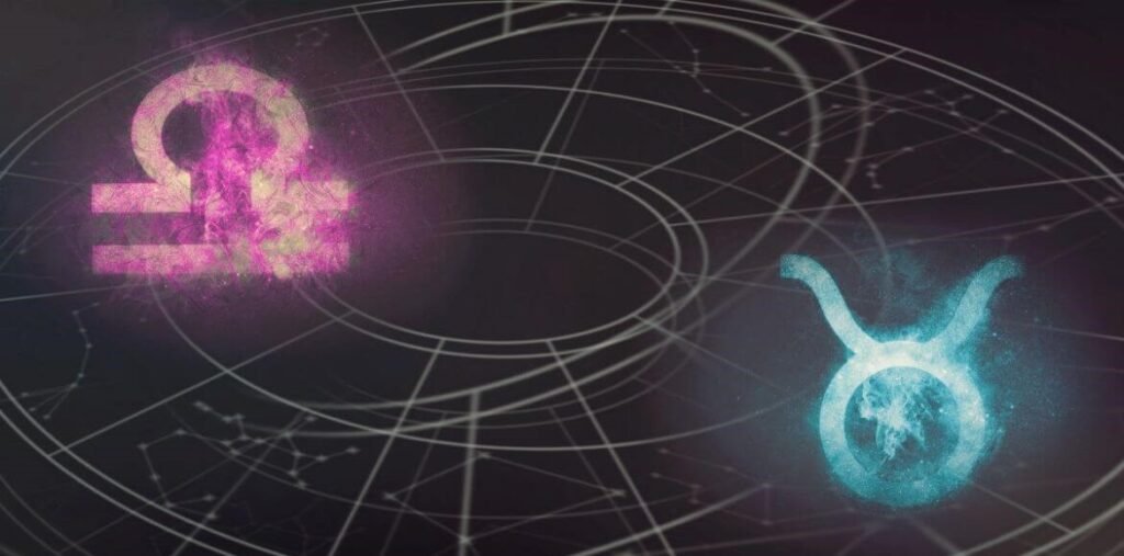 Símbolos dos signos de Libra e de Touro com efeitos de partículas energéticas em contraste sobre fundo escuro com linhas geométricas.