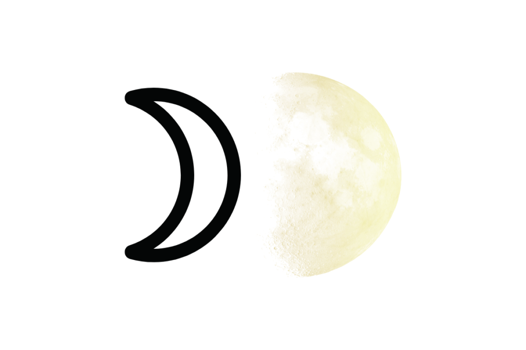 Ilustração de uma fase da lua representando uma lua crescente à esquerda em preto e uma lua cheia desbotada à direita, usada para descrever a influência da lua no mapa astral.