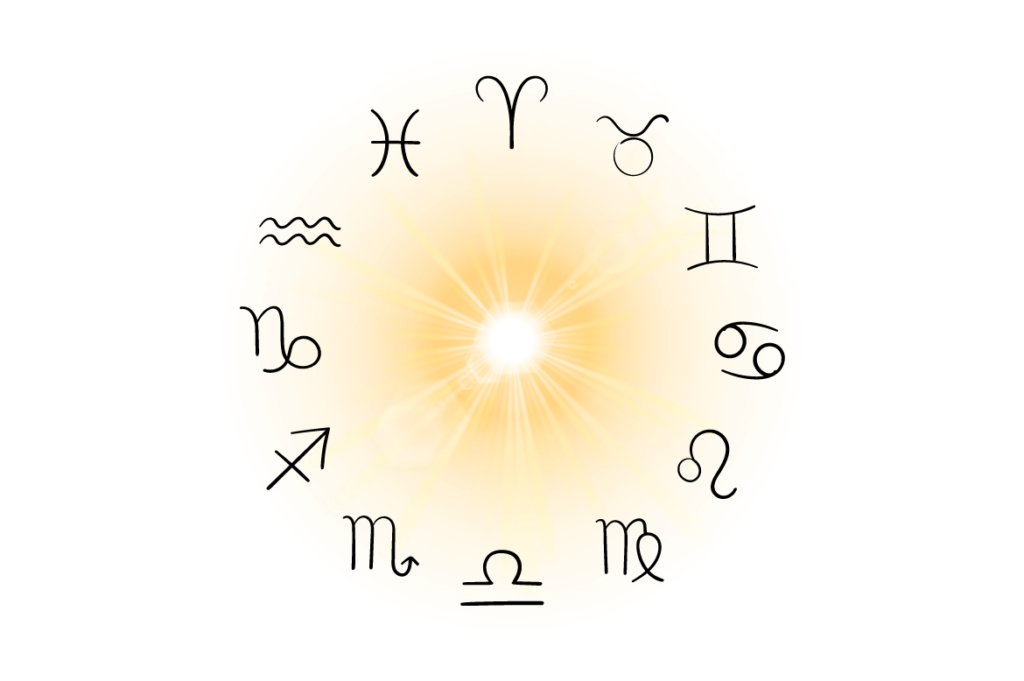 Diagrama circular apresentando os símbolos dos 12 signos do zodíaco dispostos em torno de uma explosão de luz dourada central, simbolizando energia cósmica ou espiritual.